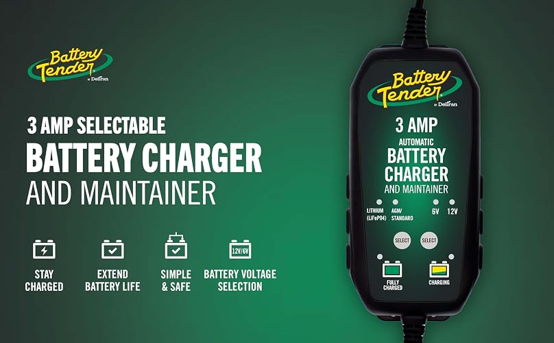 Battery Tender - Cargador y mantenedor de batería de 3 amperios – Automático Inteligente conmutable de 12 V o 6 V para Automóviles, SUV y Camiones, Cargador de batería de Plomo, AGM, Gel y Litio –
