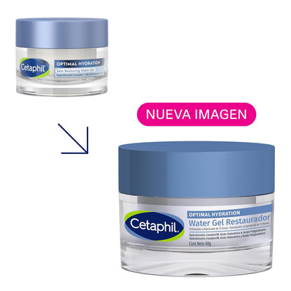 Cetaphil Optimal Hydration Water Gel Restaurador Piel Mixta o Grasa 48 g | Hidrata 72 h, fortalece barrera 24 h y calma sensibilidad con ácido hialurónico, poliglutámico, niacinamida y margarita azul.