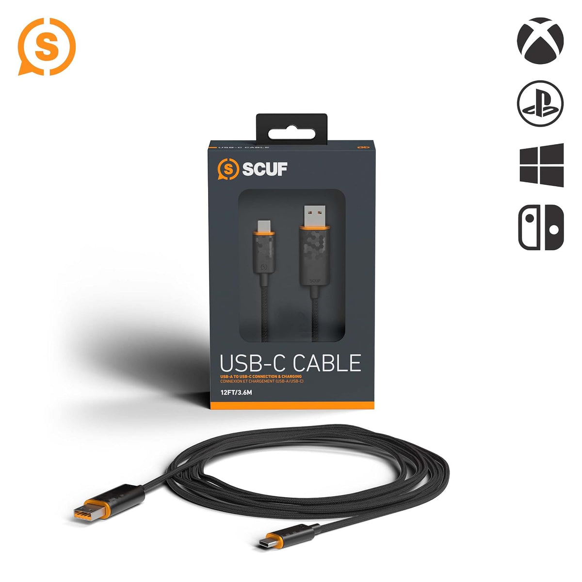 SCUF Cable USB-C Trenzado Conexión y Carga USB Tipo C de 2 Metros para Mandos de Xbox, Mandos de PS5 y Smartphones - Negro
