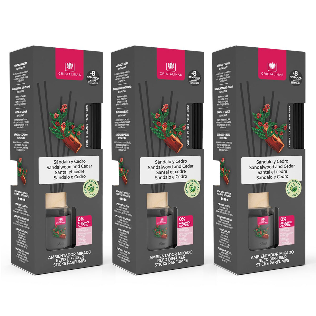 Cristalinas Ambientador de Cañas Ratán 40ml Difusor sin Alcohol - Sándalo y cedro - 3 pzas