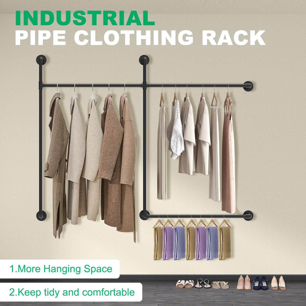 FAHKNS Perchero Industrial con 3 Varillas Colgantes | Soporte pared, tubo grueso, carga 200 lb, recámara, lavadero, clóset
