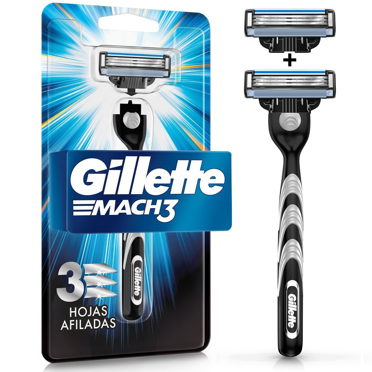 Gillette Rastrillo Mach3, 1 Mango + 2 Repuestos con 3 Hojas