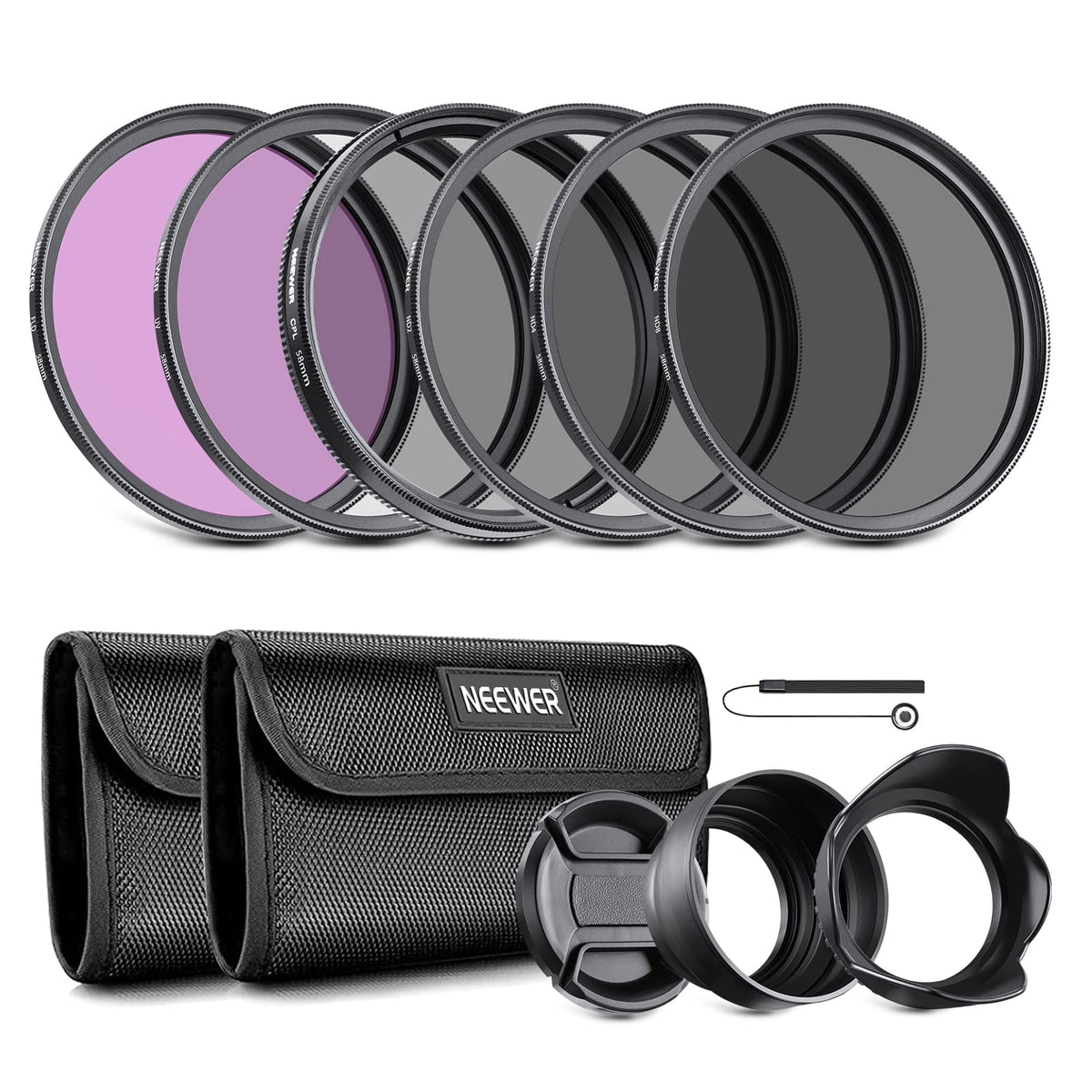 NEEWER 58mm ND Kit de Filtros con Parasol & Lente Tapa | UV, CPL, FLD, ND2, ND4, ND8, para Canon Nikon Sony Panasonic DSLR Cameras con 58mm Lente