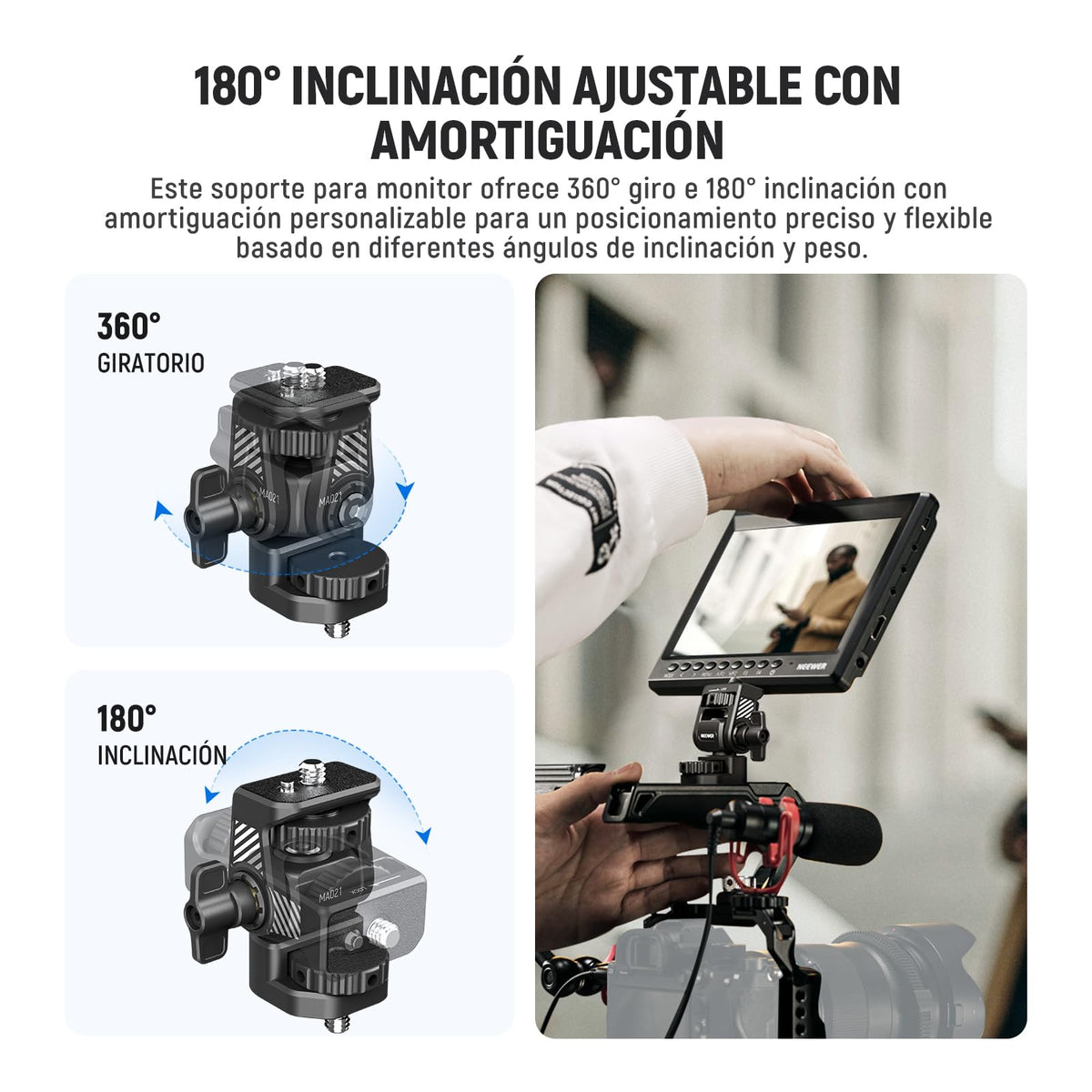 NEEWER Montaje de Monitor Campo Mejorado con Tornillo 1/4", Giro 360°, Inclinación 180°, Tornillo Antigiro Compatible con Atomos Ninja 5" y 7" Monitor de Cámara, Jaula para Cámara, MA021