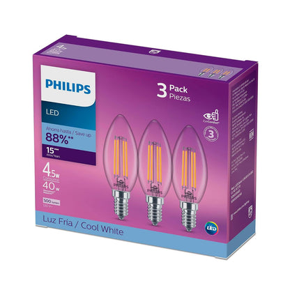 Philips LED 3 Focos Filamento 3 B11 base E14 luz fría