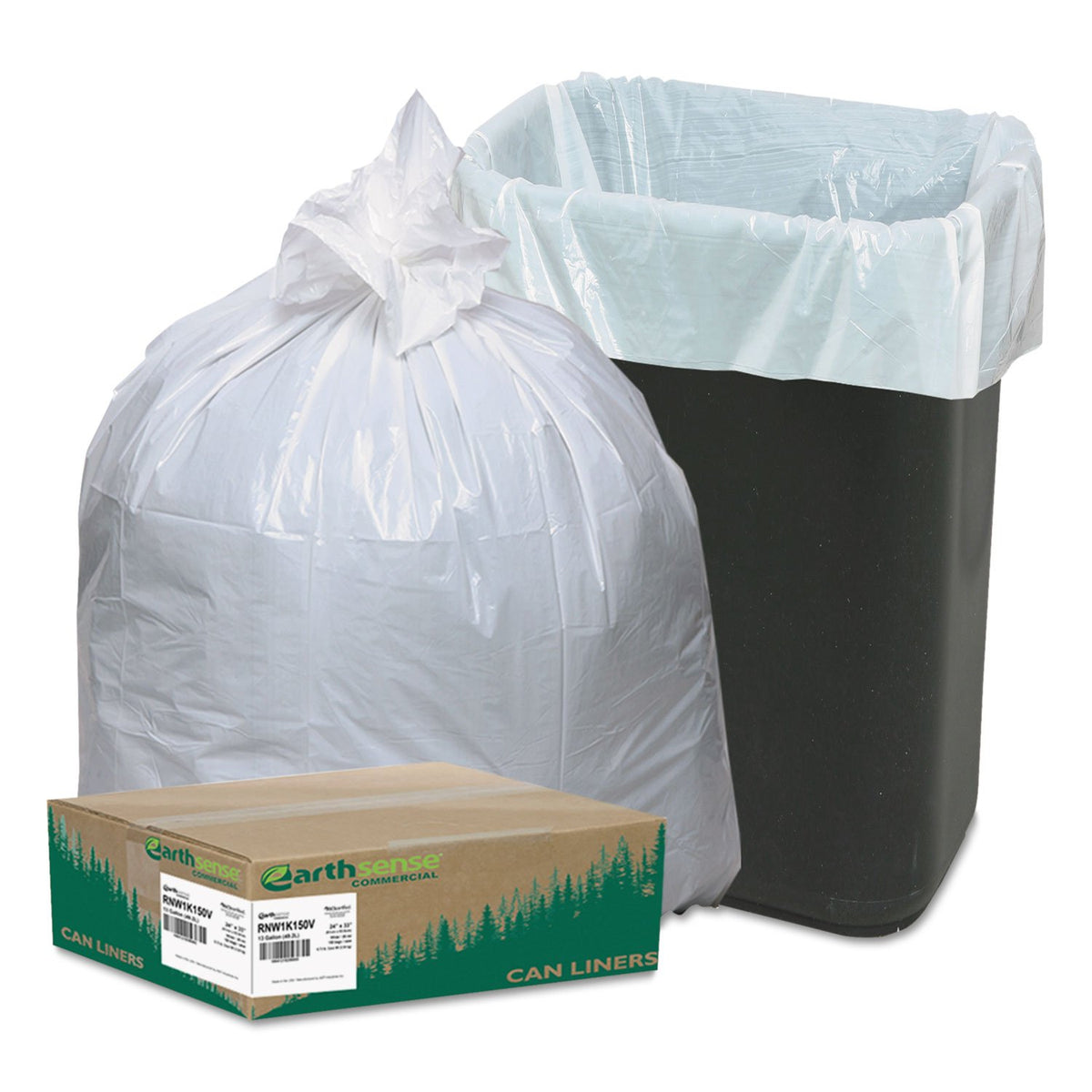 Earthsense Commercial RNW1K150V Can Liner 24x33, 13 Gal, .85 mil, White, (Case of 150)