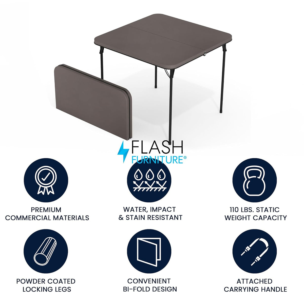 Flash Furniture Dunham - Mesa Cuadrada Plegable de plástico de 2.83 pies con asa de Transporte, Mesa de Banquete Doble Plegable para Eventos Interiores y Exteriores, Color Gris Oscuro