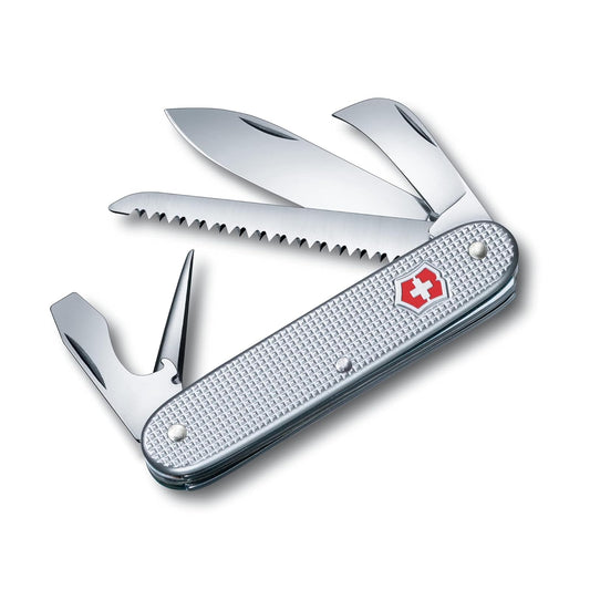 Victorinox Navaja Pioneer Alox con Sierra, Plata, 7 Usos | Diseño compacto de 93 mm con sierra para madera, hoja de poda, escariador y mejillas de alox plateado. Fabricado en Suiza.