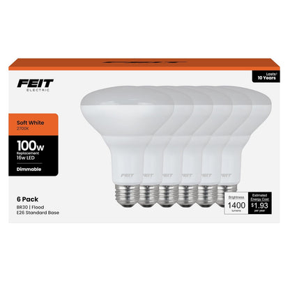 Feit Electric - Bombillas LED BR30, equivalente a 100 W, regulables, base estándar E26, 80 CRI, 1400 lúmenes, 2700 K, blanco suave, 120 V, 10 años de vida, clasificación húmeda, paquete de 6,