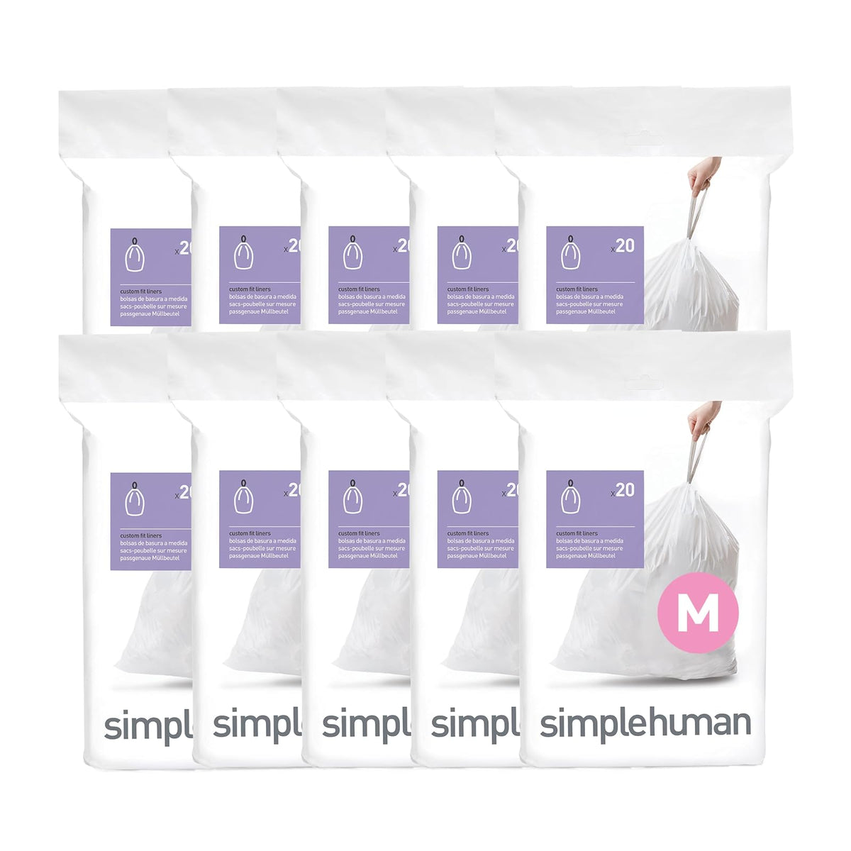 simplehuman Código K Bolsas de Basura con Cordón, Blanco, 100 pzas - Blanco - 200 Count (Pack of 1) - Código M