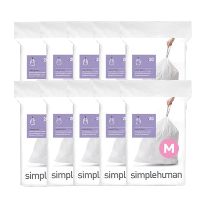 simplehuman Código K Bolsas de Basura con Cordón, Blanco, 100 pzas - Blanco - 200 Count (Pack of 1) - Código M