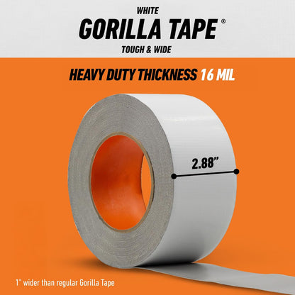 Gorilla Tape Tough & Wide, cinta blanca, 2.9 x 25 yardas (paquete de 1) – Resistente y resistente a la intemperie para interiores o exteriores
