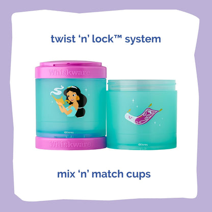 Whiskware Disney Princess Aladdin, contenedores apilables para bebés, niños y niños, 3 tazas apilables para aperitivos para la escuela o viajes, mochila y portavasos, alfombra mágica y jazmín