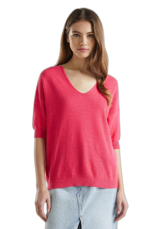 United Colors of Benetton Blusa de Punto, Escote V, Manga 3/4 Hombro caído, Corte Regular 70% algodón y 30% Lino para Mujer