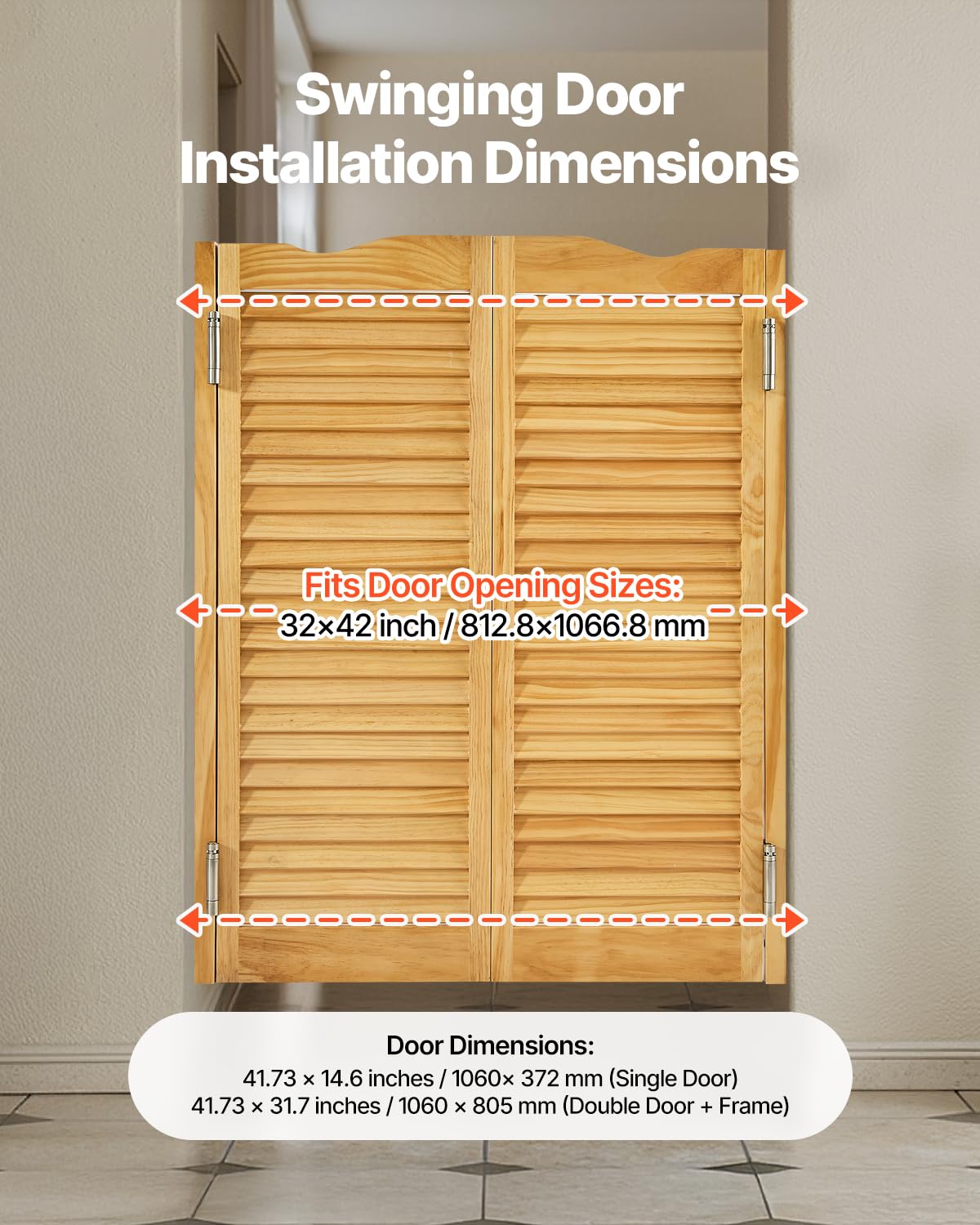 VEVOR - Puertas dobles de salón, 32 pulgadas de ancho x 42 pulgadas de alto, puertas de café con arco superior interior, madera de pino premium, con bisagras y kit de hardware, fácil de instalar, para
