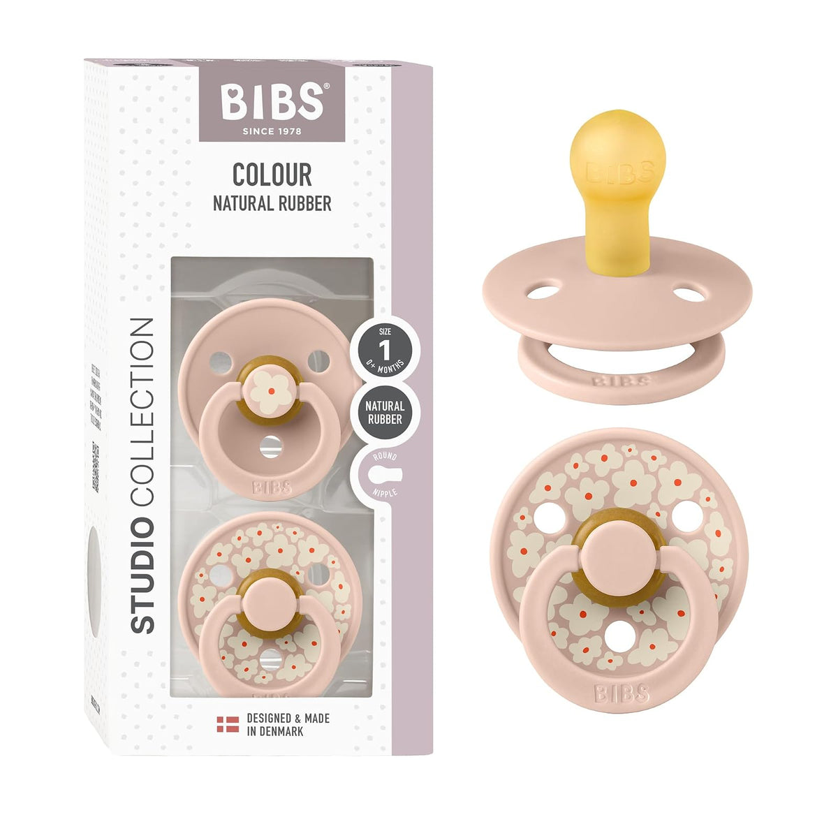 BIBS Chupón Studio Block Látex Natural, Talle 1, Paquete de 2 - Blush Mix - Size 1 | 0+ Month