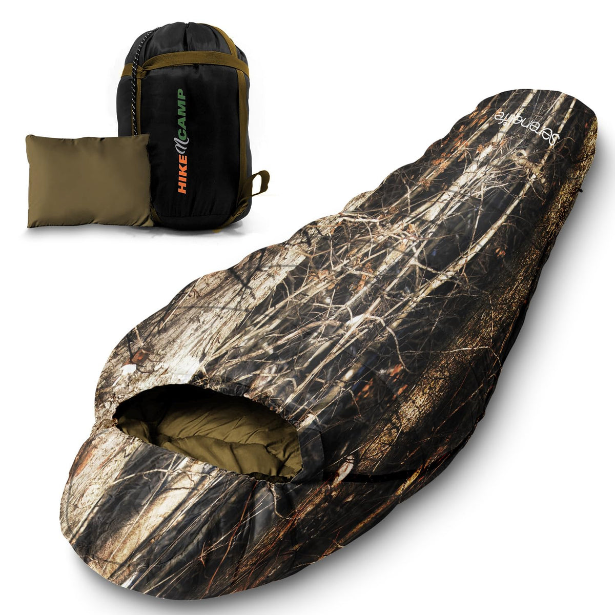 SereneLife - Saco de Dormir para mochileros, para Adultos, Adolescentes, con Almohada, Bolsa de Dormir Ligera y Resistente a la Intemperie, para Acampar, Senderismo y Viajes, - Real Tree