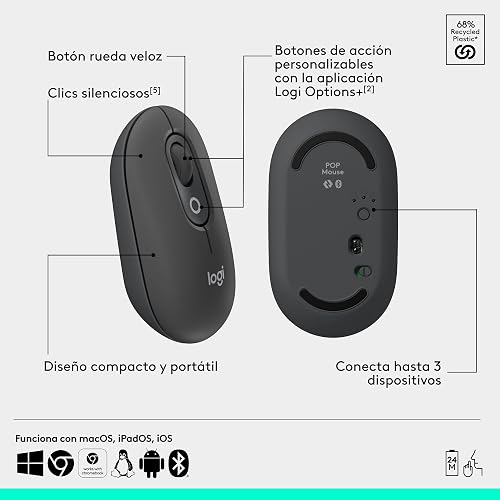 Logitech Pop Icon Combo, combinación de Teclado y Mouse Bluetooth, Escritura cómoda, Teclas y Botones programables, clics discretos, Easy-Switch hasta para 3 Dispositivos - Grafito