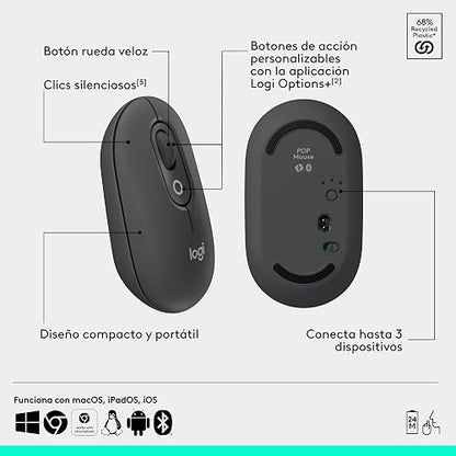 Logitech Pop Icon Combo, combinación de Teclado y Mouse Bluetooth, Escritura cómoda, Teclas y Botones programables, clics discretos, Easy-Switch hasta para 3 Dispositivos - Grafito