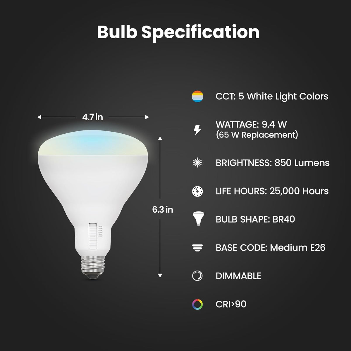 Feit Electric - foco LED BR40, equivalente a 65 W, regulable, seleccionable en color de 6 vías, base media E26, 90 CRI, 850 lúmenes, vida útil de 22 años, BR40DM/6WYCA/2, paquete de 2