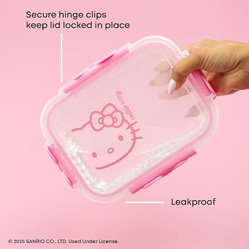 JoyJolt Sanrio Hello Kitty Recipientes de Vidrio Estriado 2 | Rosa y rojo, 2 pzs, borosilicato estriado, tapas herméticas sin BPA, seguro para congelador/microondas/horno