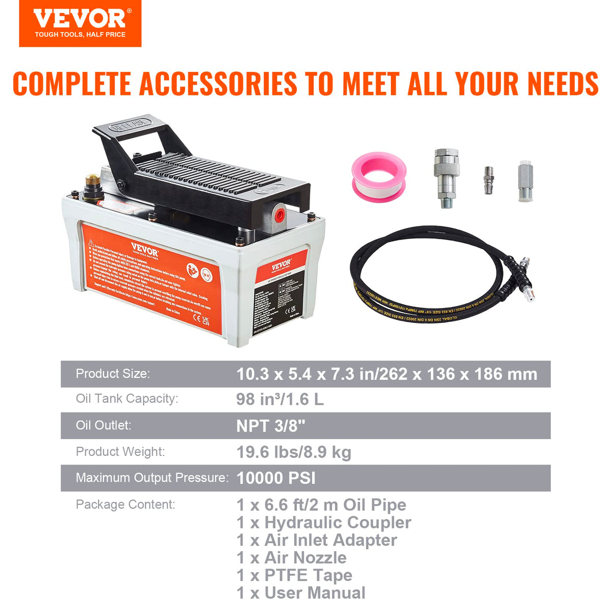 VEVOR - Bomba hidráulica de aire, depósito de 10,000 PSI 1/2 gal, salida de aceite NPT 3/8", entrada NPT 1/4", tubería de 6.6 pies, bomba hidráulica accionada por pie Pedal de aire para máquinas
