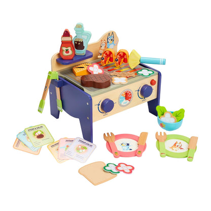Bluey 8th Wonder - Juego de Juguetes de Madera para Ensalada y Parrilla de Barbacoa, Juego de 33 Piezas, con Pinzas, Alimentos y 6 Tarjetas de Receta, Juguetes de Cocina para niños a Partir de 3 años