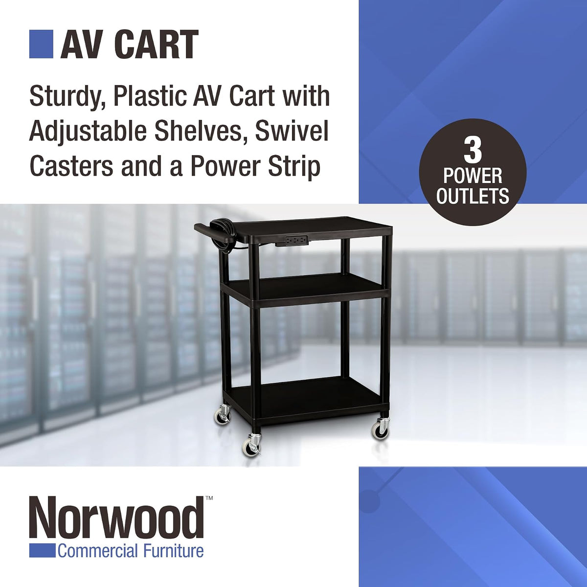 Norwood Commercial Furniture NOR-OUG1042-SO Adjustable-Height Mobile Black Plastic Utility AV Cart with Power Strip