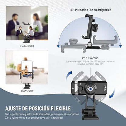 NEEWER Adaptador Trípode Metálico Movil con Base Liberación Rápida Arca, Zapata Fría, Giro 360° Inclinación 180°, Soporte Teléfono Compatible con iPhone 17 Pro MAX 16 15 Samsung Galaxy S25 Ultra S24