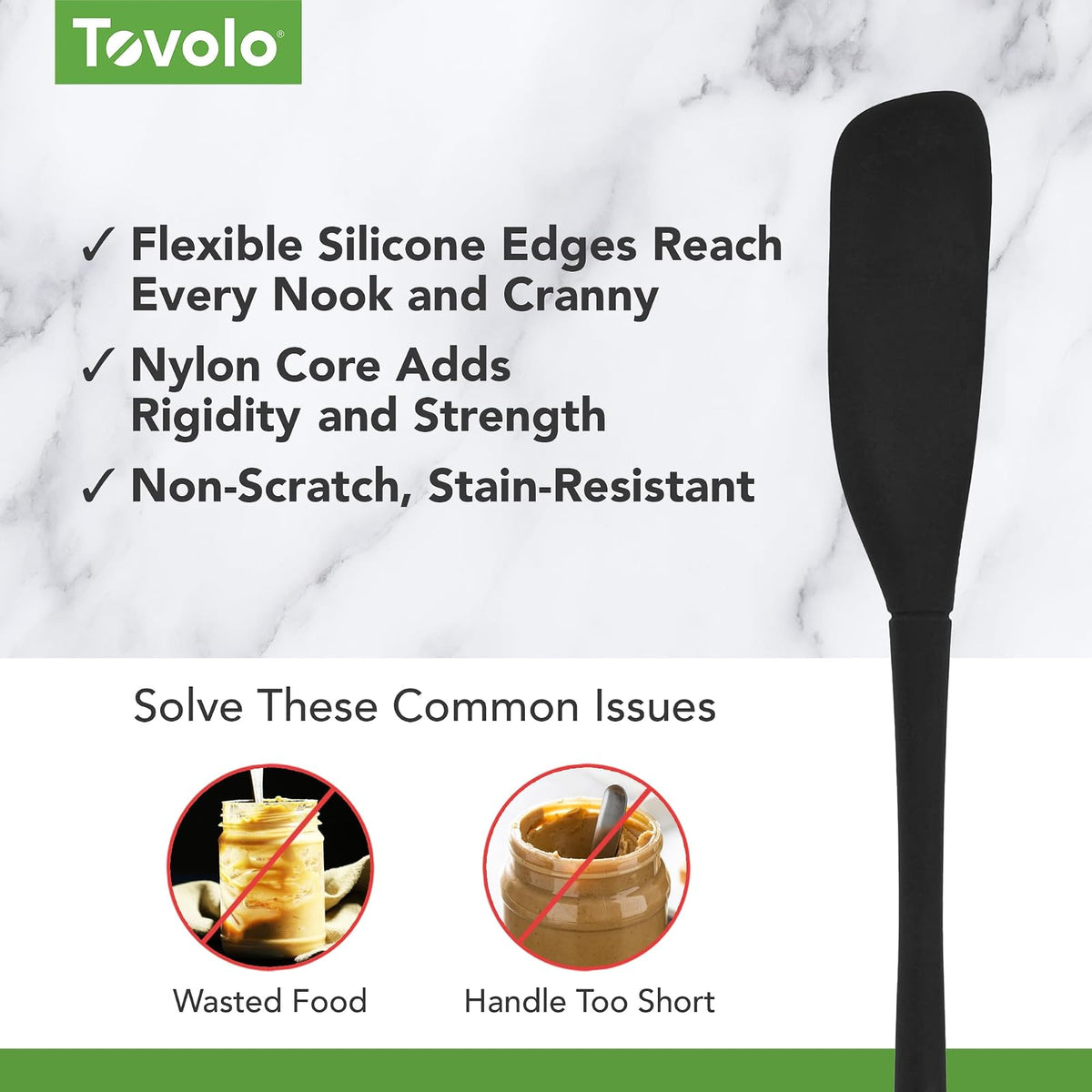 Tovolo Flex-Core - Espátula de silicona para tarro – Espátula de goma de mango largo con cabeza en ángulo para recoger y raspar, espátulas resistentes al calor para uso en cocina, apto para lavaplatos