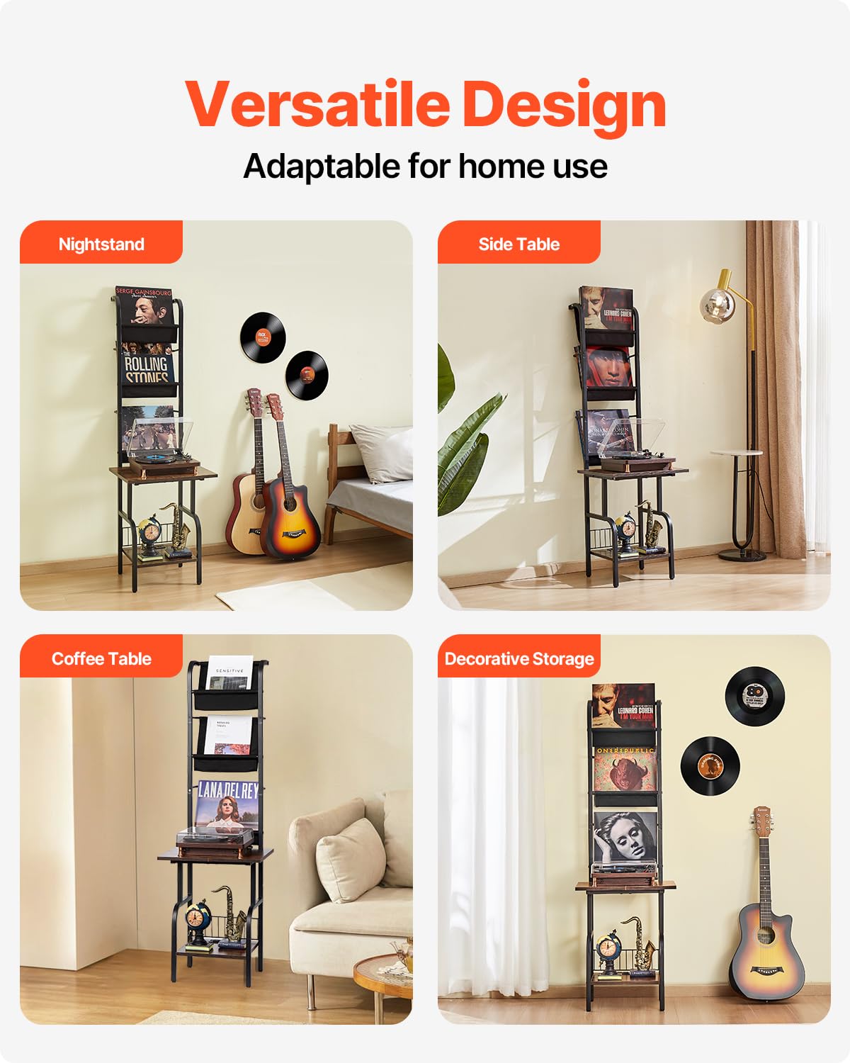 VEVOR - Soporte para Reproductor de grabaciones, 5 Niveles de Alto Disco de Vinilo con estación de Carga y Puertos USB, Capacidad para hasta 200 álbumes, Soporte para Tocadiscos con Estante de
