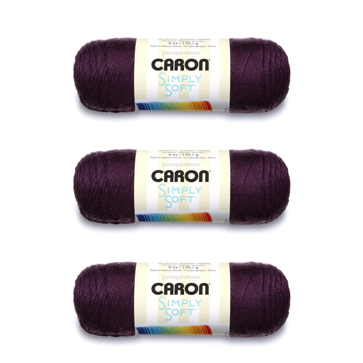 Caron Simply Soft Estambre Acrílico, Paquete de 3 Madejas de 170 g - Morado - Paquete de 3