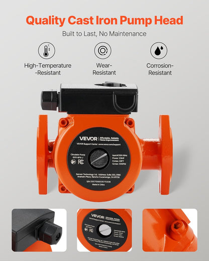 VEVOR 0011-BF4-J Bomba circuladora de hierro fundido, 33 GPM, AC 120 V 33 pies Bomba de circulación de recirculación de agua caliente, conexión de brida de 1-1/4 pulgadas, ajuste de 3 velocidades