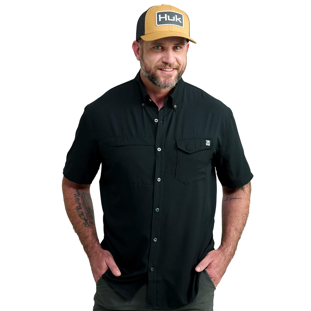 HUK Tide Point Camisa Manga Corta con Botones para Hombre - Negro - - CH