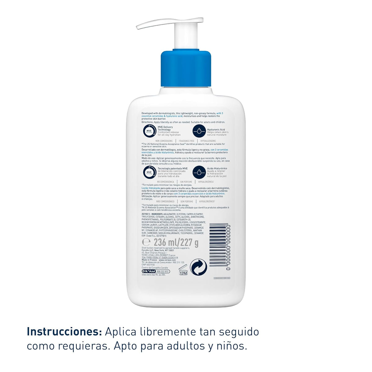 CeraVe Loción Hidratante de Rostro y Cuerpo para Piel Seca con Ácido Hialurónico 236ml