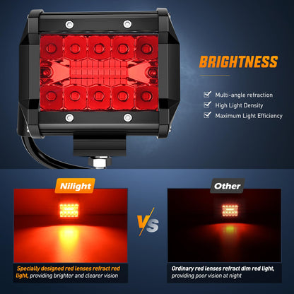 Nilight Luces LED Rojas 4 in, Triple Fila, 60 W, Haz de Inundacion, Paquete de 2 18202R