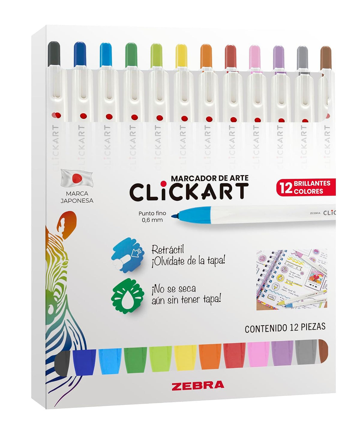 Zebra Marcador Clickart Plumón Retráctil Punto Fino Estuche 12 Piezas Multicolor.