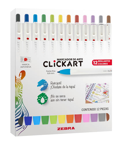 Zebra Marcador Clickart Plumón Retráctil Punto Fino Estuche 12 Piezas Multicolor.