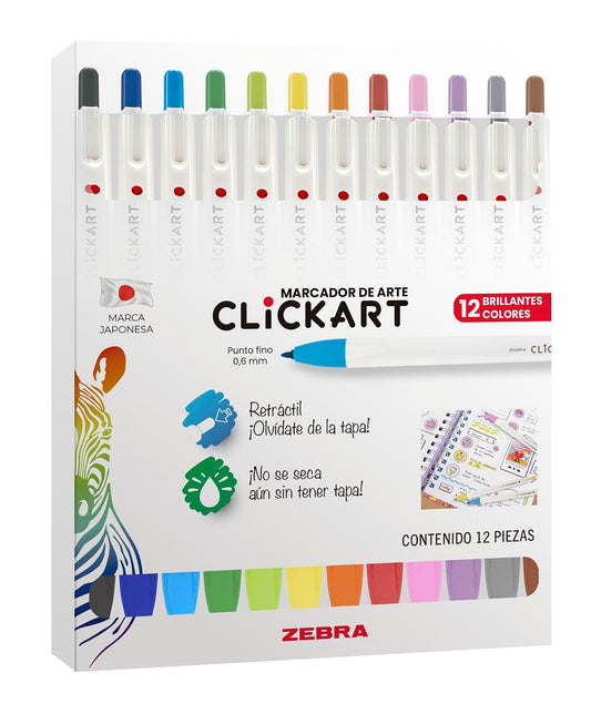 Zebra Marcador Clickart Plumón Retráctil Punto Fino Estuche 12 Piezas Multicolor.