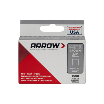 Arrow 60630 - Grapas de corona ancha para pistolas de grapas y grapadoras, uso para tapicería, manualidades, reparaciones generales, longitud de pierna de 3/8 pulgadas, ancho de corona de 1/2