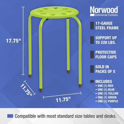 Norwood Commercial Furniture NOR-1101AC-SO Plastic Stack Stools, 17.75" Height, 11.75" Width, 11.75" Length, Assorted Colors (Pack of 5)