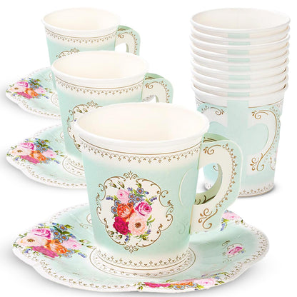 Talking Tables Truly Scrumptious - Juego de 12 tazas de papel floral vintage para fiestas de té o té para niños o adultos, cumpleaños, despedida de soltera o boda, color verde menta