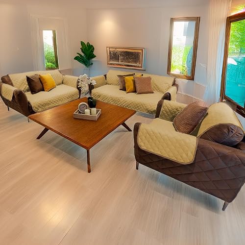 Condecora Cubre Sala, Funda Doblevista para Sillón y Sofá — Protector Forro Individual, Cubierta Reversible, Impermeable, Decorativa, Lavable, Resistente y Suave para Hogar e Interior, Café y Beige