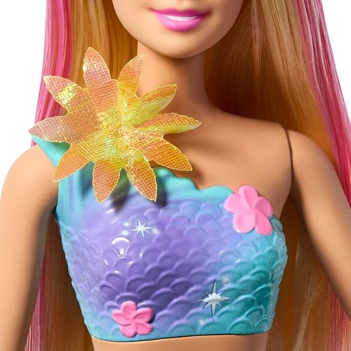 Barbie Fantasía Muñeca Sirena con Transformación de Flores y Cabello Rosa, Juguete para Niñas de 3 Años en Adelante