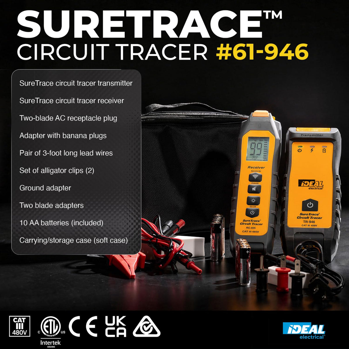 Ideal Electrical SureTrace - Trazador de circuitos digitales (61-946) 0-480 voltios CA/CC con visualización retroiluminada: encuentra interruptores, fusibles, cables, pantalones cortos muertos y
