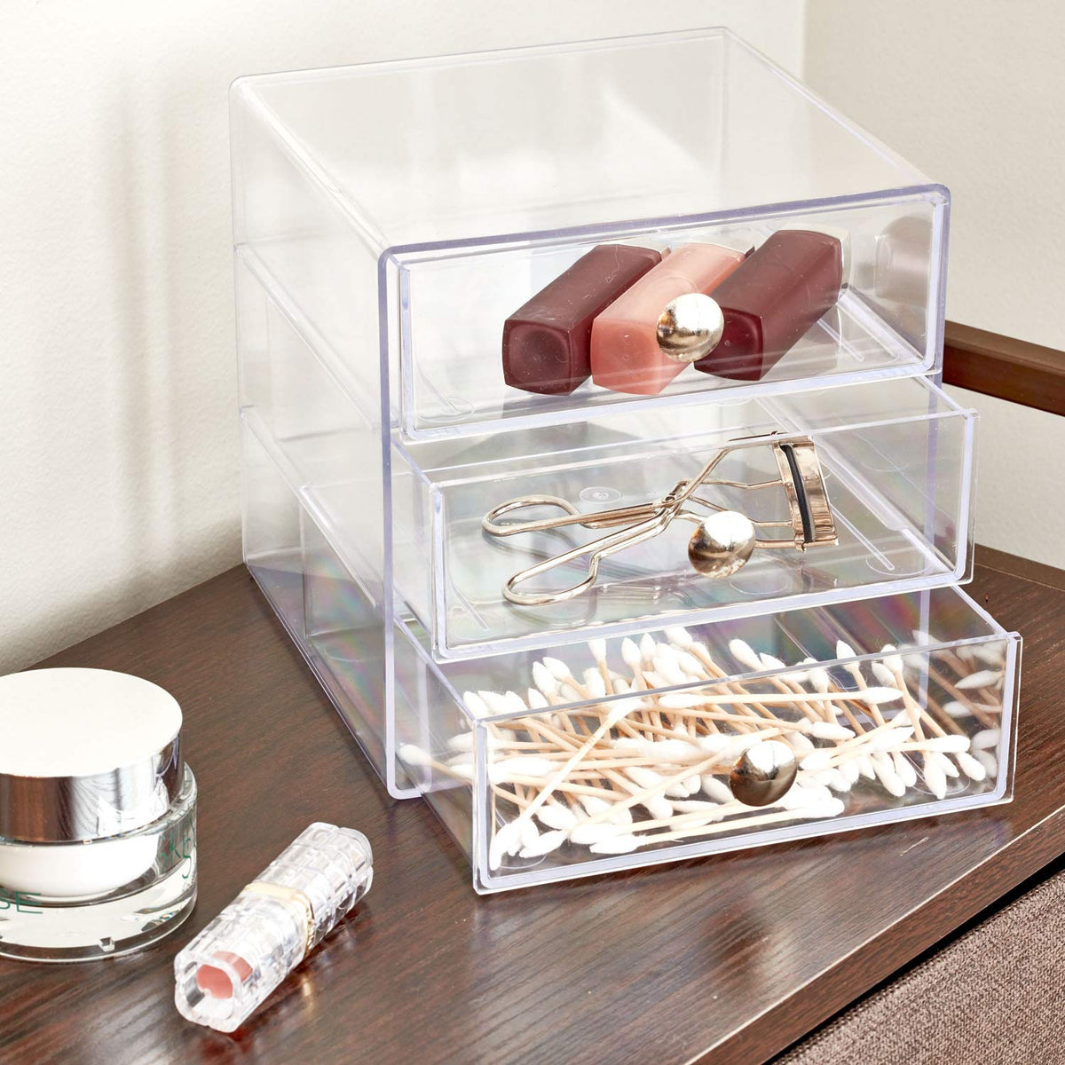 InterDesign Drawers Organizador de maquillaje | Organizador de cosméticos para maquillaje y demás | Caja de maquillaje con 3 cajones | Plástico transparente