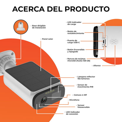 Tecnolite Connect - Cámara Solar de Seguridad Exterior WiFi Inteligente, Recargable, Inalámbrica, Panel Solar, Visión Nocturna, Compatible con App móvil y Asistentes de Voz