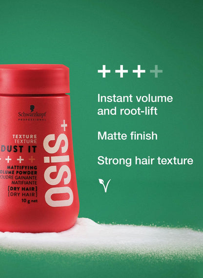 Schwarzkopf Professional OSIS - Dust It Polvo Matificante 10 g, Fijación Fuerte, para Cabello Seco, Agarre Instantáneo, Volumen Increíble, Elevación de Raíces, Acabado Mate, Sujeción Intensa, Efecto Natural, Fácil de Aplicar