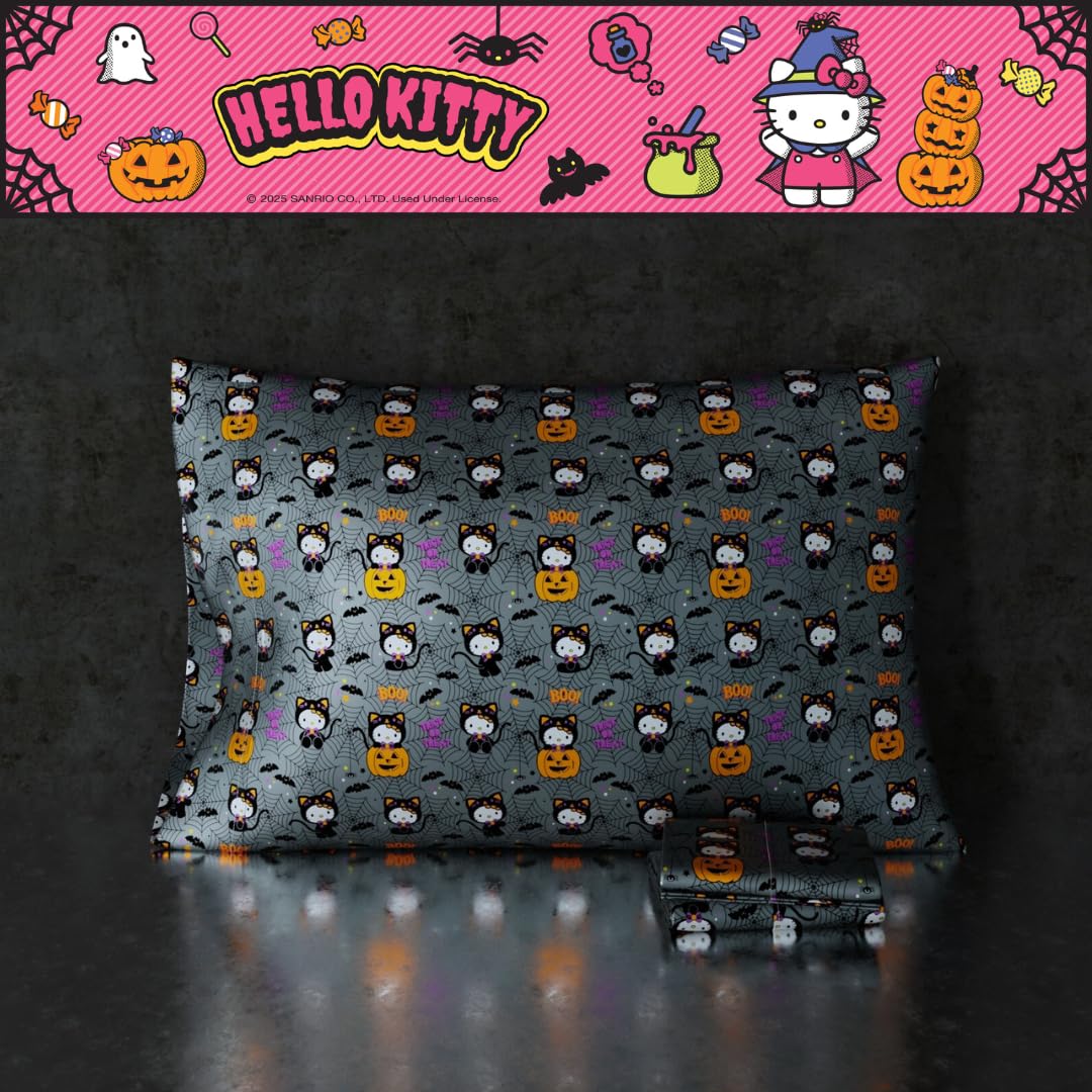 Funda de Almohada Reversible estándar de Seda Satinada de Sanrio Hello Kitty para Esqueleto de Halloween, para Belleza, 20x30 para Cabello y Piel, (Producto Oficialmente Licenciado) de Franco