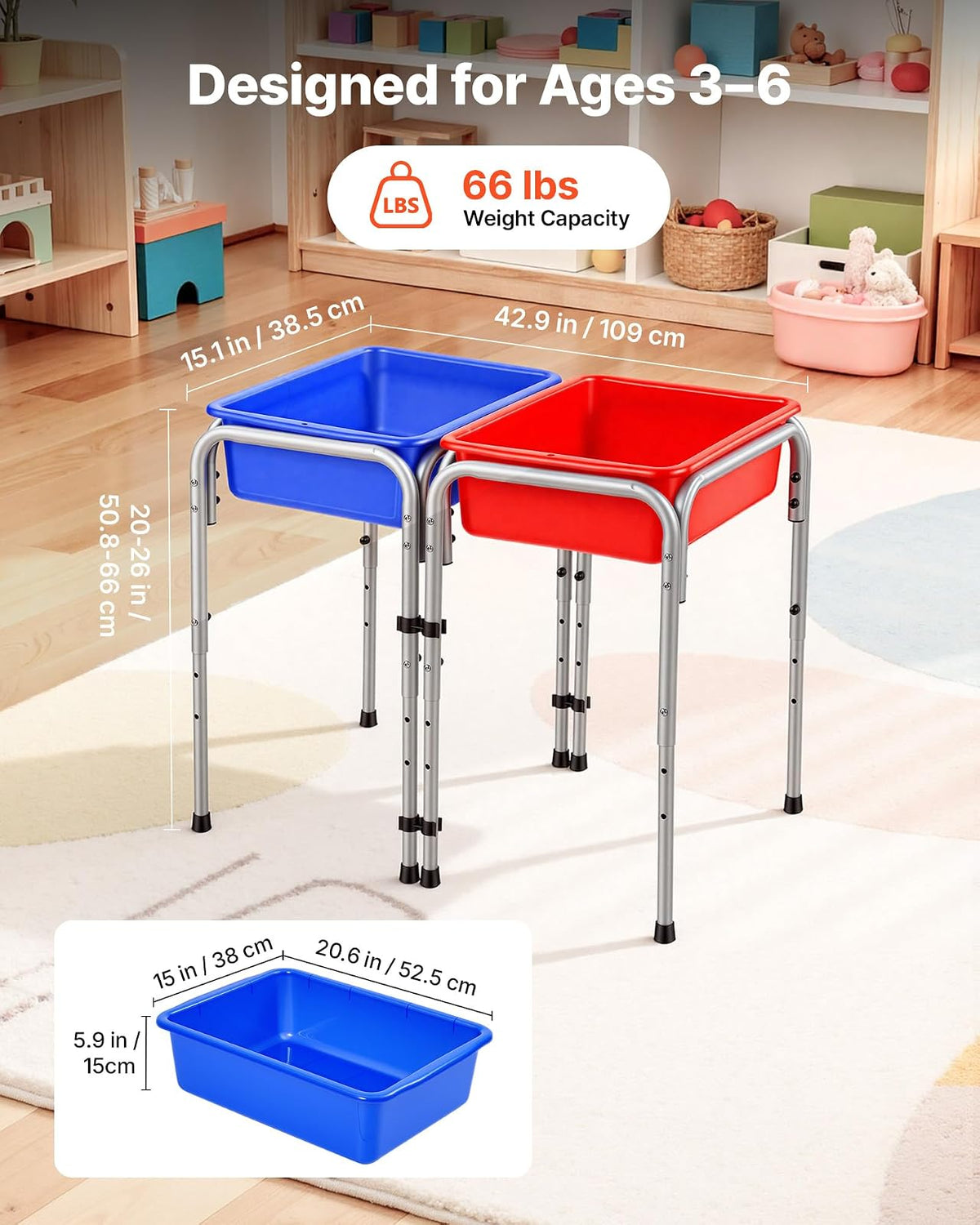 VEVOR Mesa Sensorial Infantil, Mesa de Juego de Agua y Arena para Niños de 3-6 Años, 3 Alturas Ajustables, 2 Cajas Desmontables, Patas Antideslizantes, Acero al Carbono, para Actividades al Aire Libre